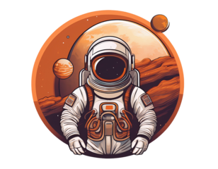 2D illustration of Mars exploration concept, astronaut and planet icon, white background