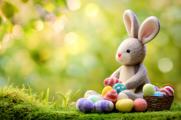 Soft toy bunny sits on green grass surrounded by colorful eggs with a basket nearby in bright light during springtime