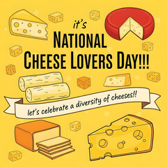 Yellow background with various cheese types and text celebrating National Cheese Lovers Day