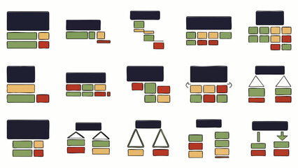 Set of diverse business organization charts and flow diagrams with colorful blocks and clear hierarchy
