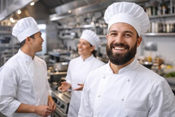 Professional Chefs Team Smiling in Modern Commercial Kitchen
