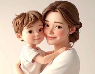 3D illustration of Mothering Sunday concept, mother and child hug, soft studio light, white background