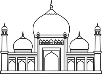 Iconic Taj Mahal silhouette line drawing, monument building, tourism landmark