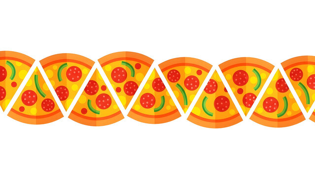 Seamless horizontal border of pepperoni pizza slices with green peppers and cheese arranged in an alternating pattern, flat vector illustration for pizzeria menu design and food branding