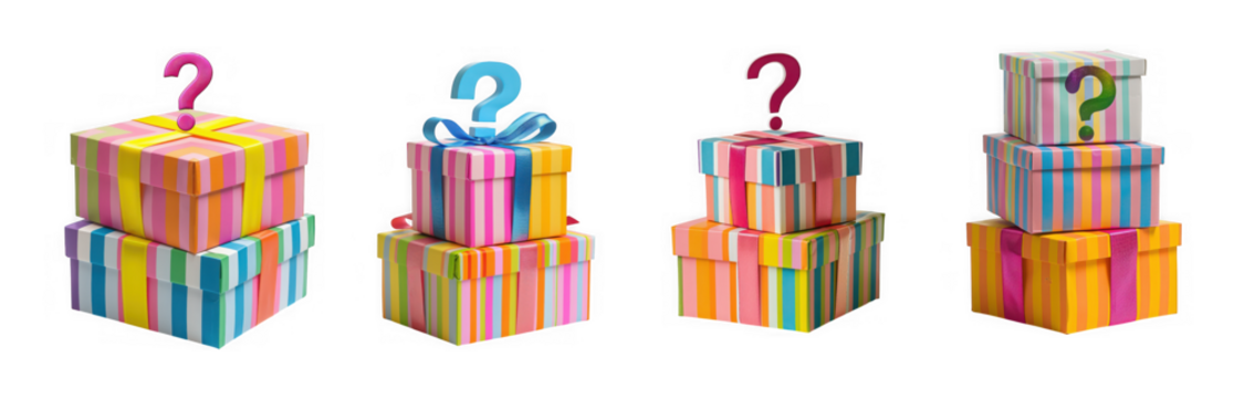 A colorful sequence of stacked gift boxes with question marks progressing from single to multiple layers on transparent background - Powered by Adobe