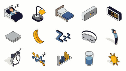 Isometric sleep and morning routine icon set for wellness and healthy lifestyle. Includes bed, alarm clock, stretching, banana, water, and relaxation symbols.