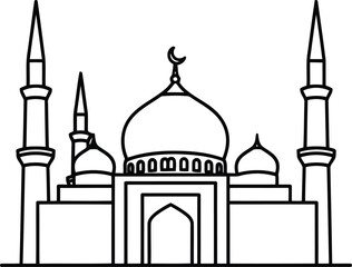 Islamic Mosque Outline with Crescent Moon and Minarets