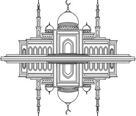 Islamic Mosque Silhouette Symmetry Reflection White Background Vector Line Art