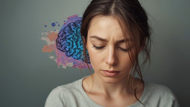 Artwork depicting a weary, unhappy woman seeking calm, featuring an abstract brain. Concept of mental health through art