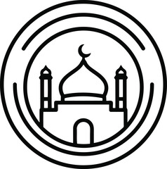Mosque Icon with Crescent Moon and Dome, Islamic Architecture Silhouette Outline