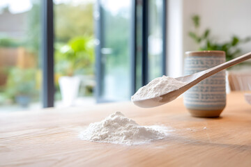 Spoonful of flour over a pile on a wooden table in a bright kitchen setting with windows and plants
