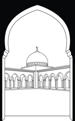 Mosque Courtyard Through Arched Gateway - Black and White Line Drawing