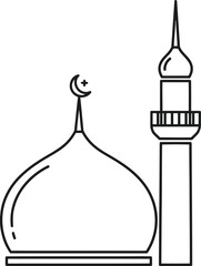 Mosque Dome and Minaret Line Art Icon, Religious Islamic Building Silhouette