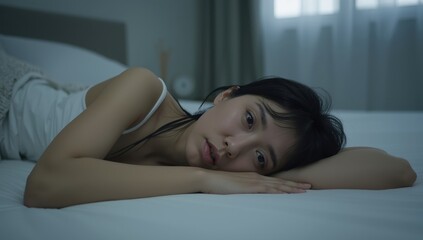 Obraz premium Asian women awake in bed suffer from insomnia