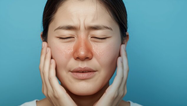Asian woman with sinusitis and nasal congestion on blue background. Rhinosinusitis can be caused by bacteria, viruses, or allergies