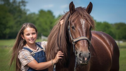 Fototapeta premium Child caring for a horse outside