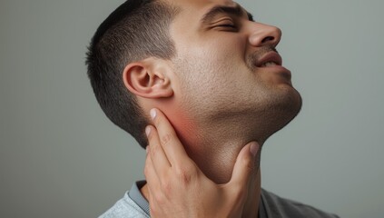 Fototapeta premium Handsome man experiences neck pain. How to ease neck spasms from stress and anxiety? Brachial plexus injury. Sudden acute torticollis. Side-view close-up image