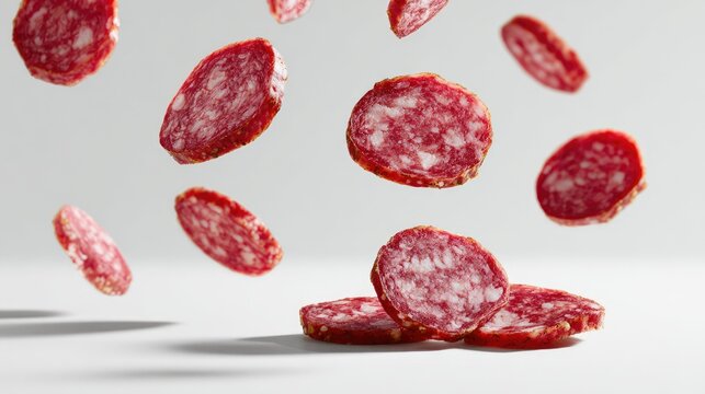 Floating Slices of Spicy Salami Sausage on Clean White Background