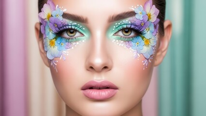 Symmetrical beauty portrait with intricate floral eye makeup