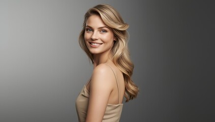 Fototapeta premium Image of a young blonde woman in a beige strap dress against a gray backdrop