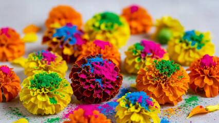 Fototapeta premium Marigold flowers covered with vibrant dry color powder on holi festival