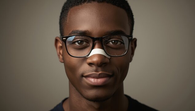 Image of a young Black man with fractured eyewear and a bandaged nose