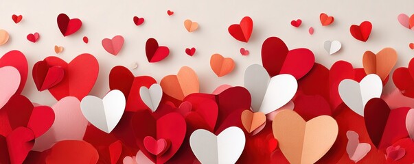 Valentine's Day hearts in a colorful 3D scene with white clouds on a pink backdrop