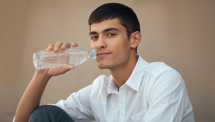 Image of a young man refreshing himself with a bottle of water