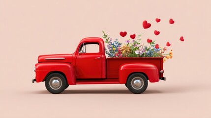 Red Vintage Pickup Truck Filled with Colorful Flowers and Floating Hearts on Pastel Background