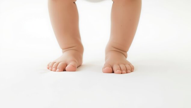 Infant standing barefoot against a white backdrop, close-up of first steps