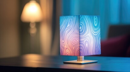 Modern Decorative Table Lamp with Colorful Patterned Shade at Night