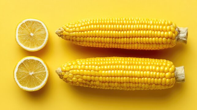 Yellow Corn Cobs and Lemon Slices on Bright Yellow Background - Powered by Adobe