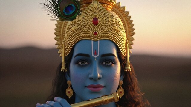 Divine Krishna Playing Flute at Sunset