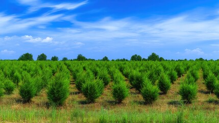 Fototapeta premium Green Agricultural Field with Rows of Young Plants Under Blue Sky