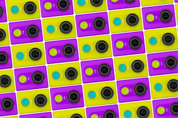 Bright pattern of purple and lime action cameras in diagonal rows on a white back