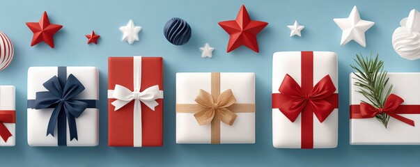 Obraz premium Colorful gift boxes on blue background with ribbons and stars for Christmas celebration