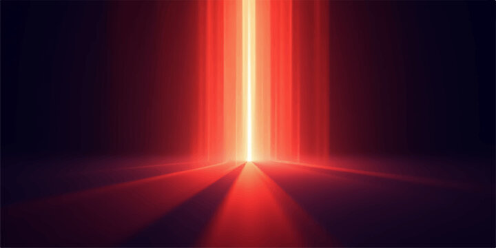 Bright red light beam shining through darkness with rays on floor