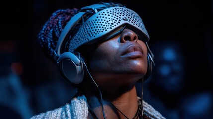 Participant engaged in a virtual reality spiritual journey experiencing layered visual and auditory effects that recreate sacred rituals in an immersive digital space.
