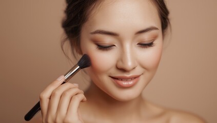 Young, attractive woman applying blush with a makeup brush