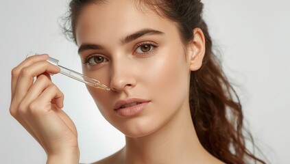 Obraz premium appealing young lady using pipette to apply serum to her face