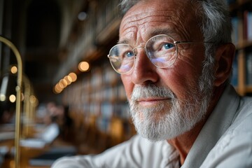 Close up of elderly man with glasses in library