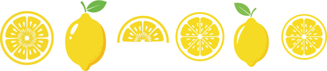Lemon fruit vector collection. Whole, half, and slice chopped flat illustrations.eps