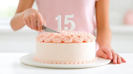 Birthday Cake with Number Fifteen Candle Being Cut for Celebration