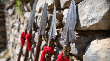 Close-Up of Ancient Spears with Red Fabric Against Stone Wall