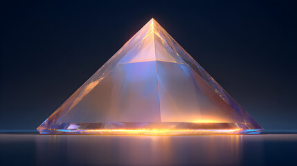Crystal pyramid with vibrant light reflections, showcasing intricate facets and a smooth surface, creating an ethereal atmosphere in a darkened environment