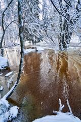 Flooding ice covered river in very cold winter day