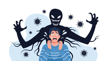Terrified man being haunted by a dark shadow monster and virus particles, symbolizing fear, anxiety, or illness.