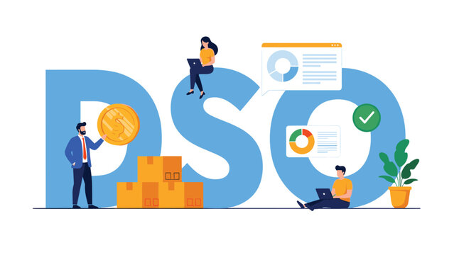 Business professionals working around large DSO letters with financial charts and packages, representing sales operations.