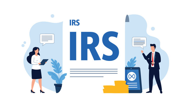 Business professionals discussing tax matters next to large IRS letters with financial documents and coins icons.