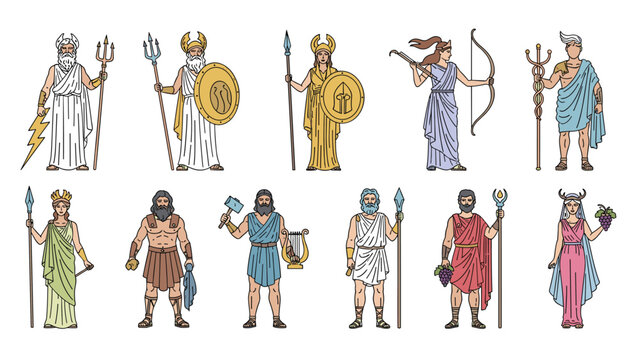 Collection of ancient Greek gods and goddesses with their traditional attributes and clothing on a white background.